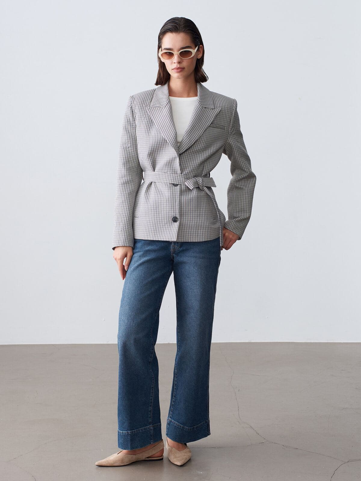 Kuşaklı Kazayağı Blazer Ceket