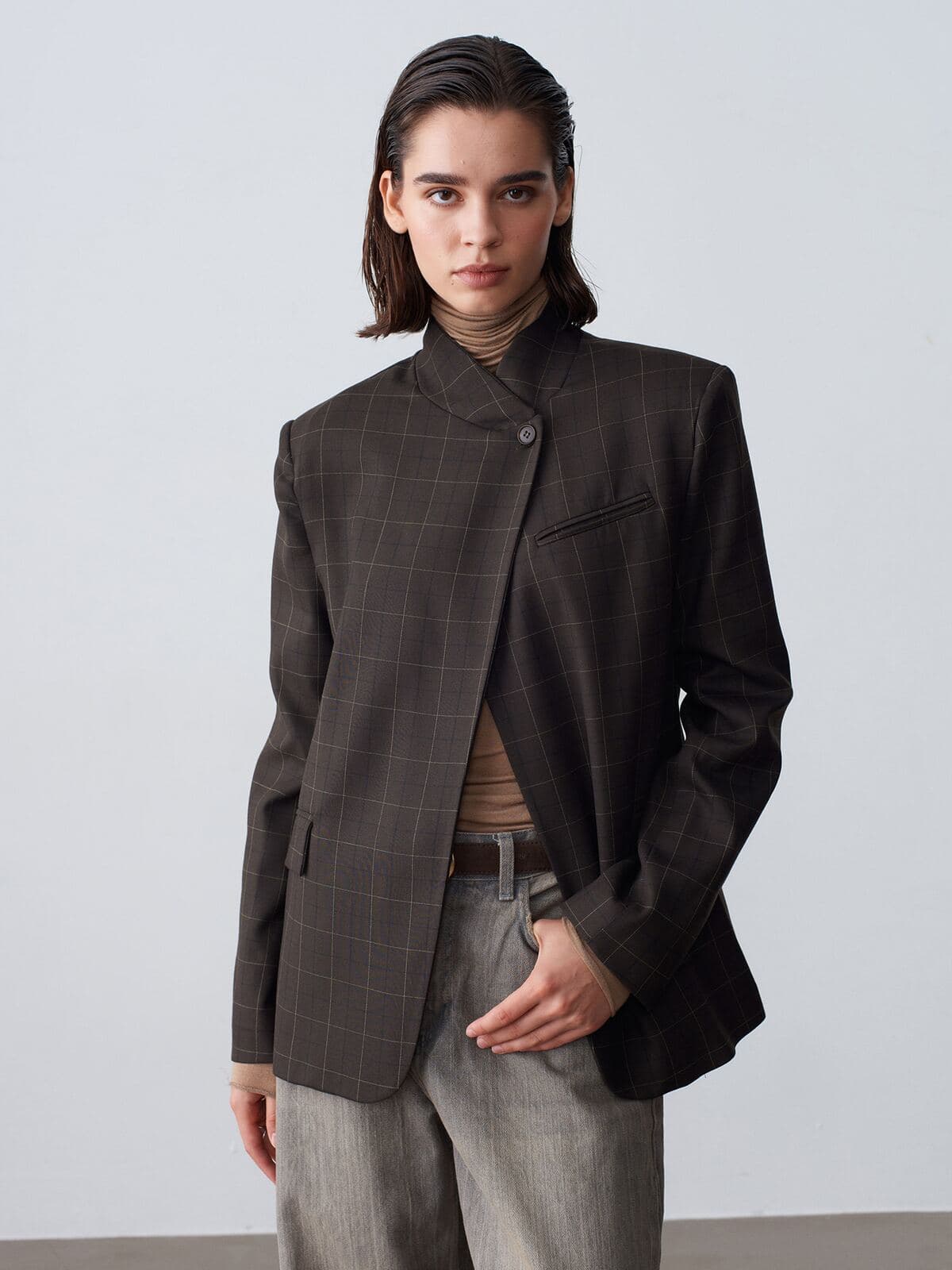 Ekose Desen Asimetrik Blazer Ceket
