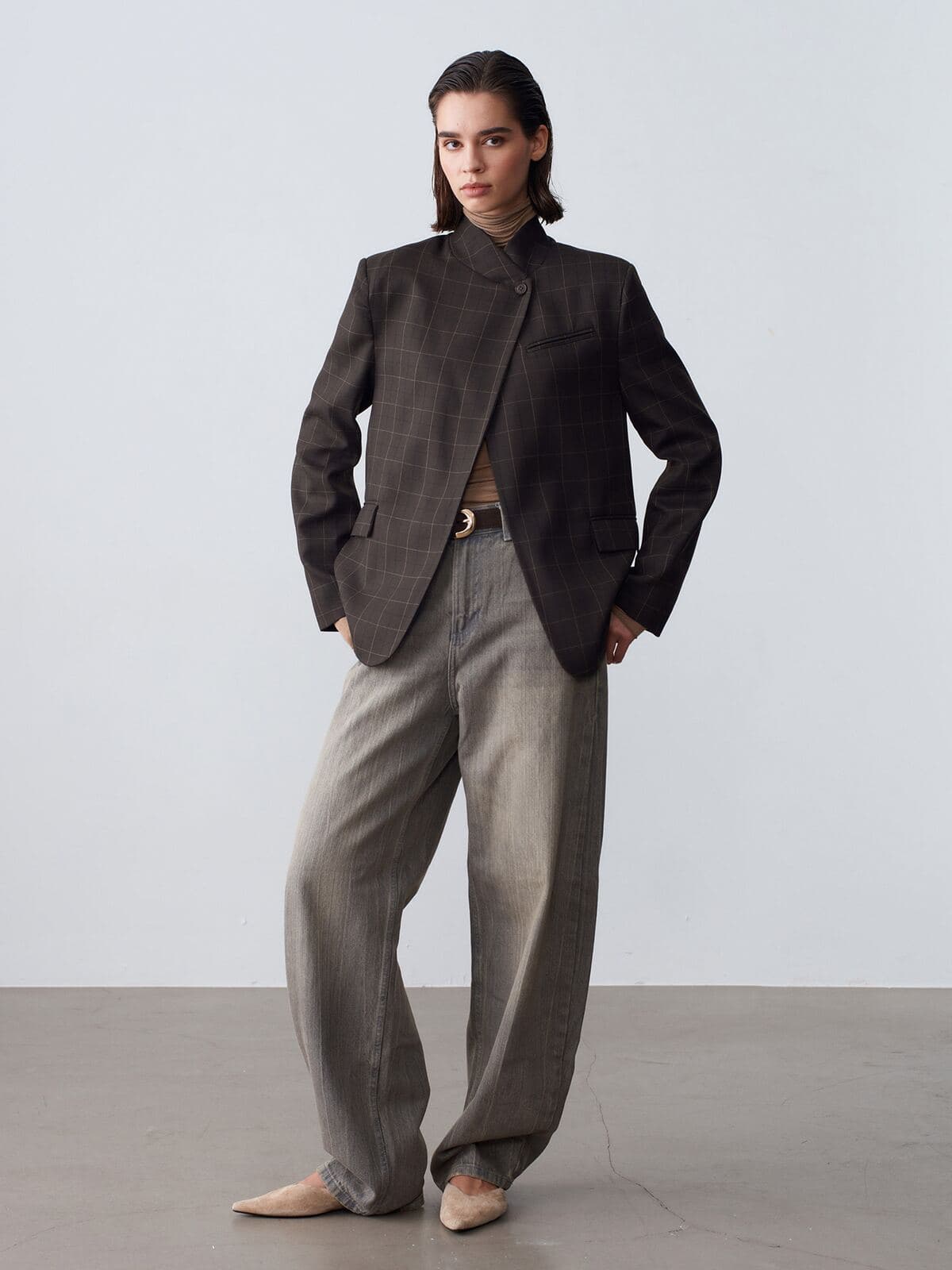 Ekose Desen Asimetrik Blazer Ceket 2